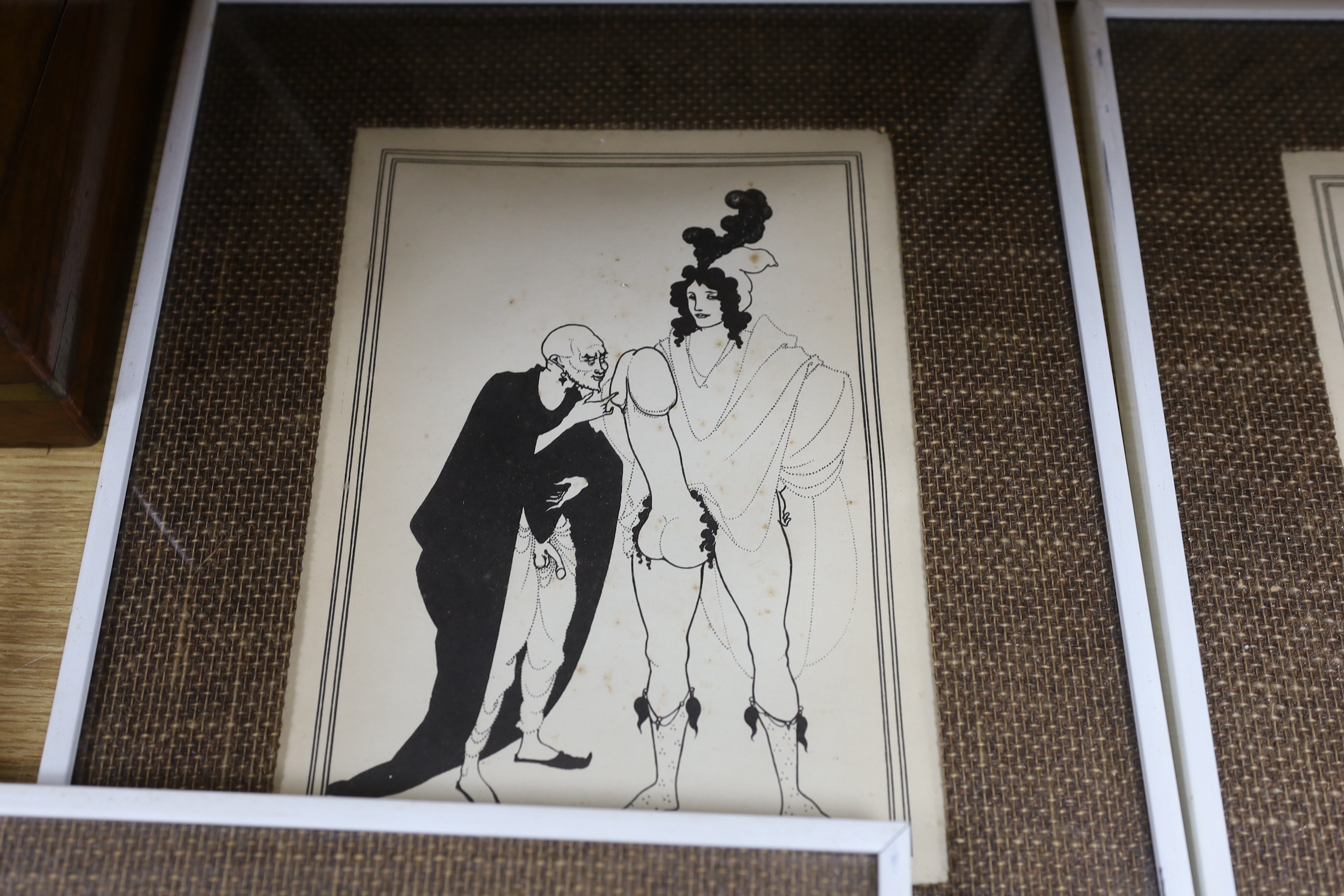 After Aubrey Beardsley, six monochrome prints, Illustrations from Lysistrata, visible sheet 27 x 20cm